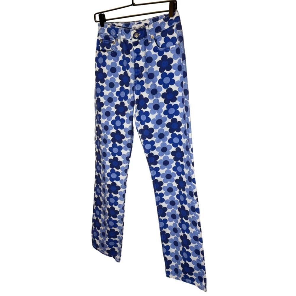 Zara Blue Floral Print Wide Leg Jeans Y2K Retro Cotton Denim 4 - Picture 3 of 8